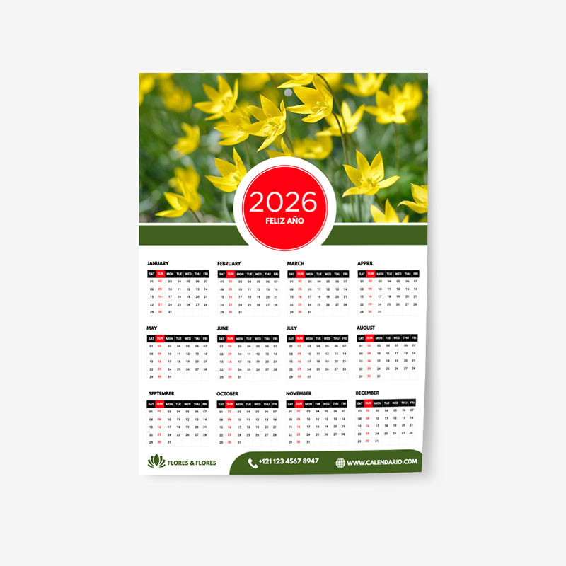 Calendario de pared en una hoja con ojal para colgar
